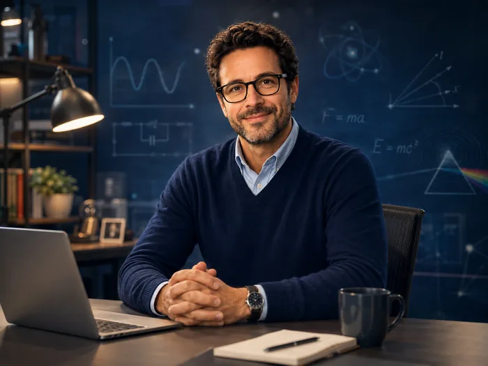 Maxwell seated in a Physics-themed learning workspace.