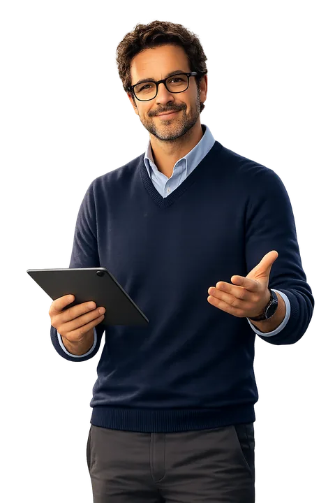 Maxwell, the AI Physics tutor, holding a tablet and explaining.